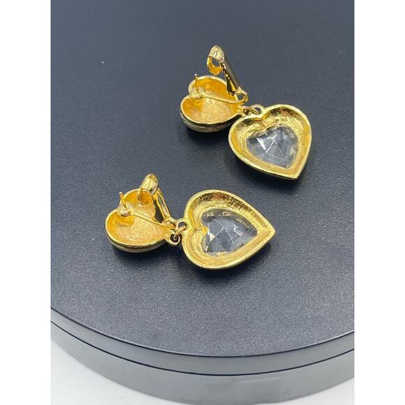 Gold Tone Unsigned Faceted Heart Dangle Clip On Earrings High End - Picture 8 of 13